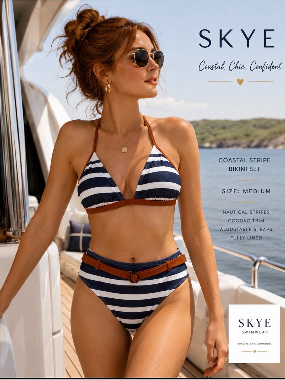Sky Striped Triangle Bikini Top - Blue, White, Tan Trim